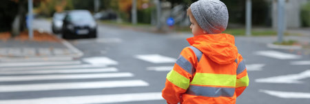 A child wearing a bright safety jacket stands at a crosswalk, looking towards traffic with trees displaying autumn colors in the background.の素材