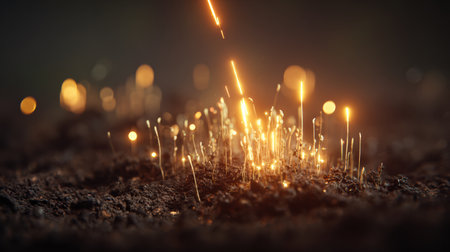 Sparks light up the dark soil, shooting upwards in a stunning display of fire and energy. This captivating scene unfolds during the evening hours.の素材