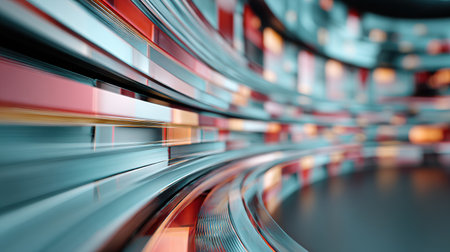 Shimmering metallic surfaces and curves blend seamlessly, showing an abstract design that highlights innovative concepts in contemporary space.の素材