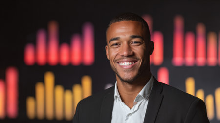 A confident man dressed in formal attire smiles at the camera while colorful light patterns create an engaging backdrop, showcasing an energetic atmosphere.の素材