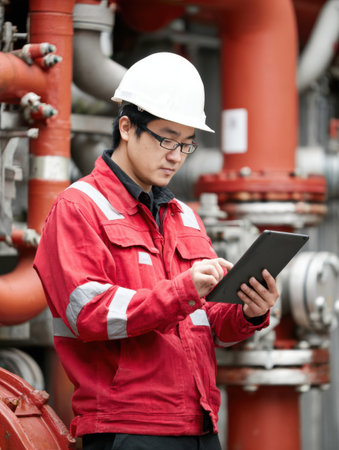 A worker dressed in a red safety jacket and hard hat using a tablet to check information in an industrial environment with visible pipes.の素材
