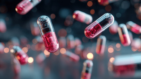 Vibrant red capsules appear to float in mid-air against a soft, blurred background, creating a modern and dynamic atmosphere related to health and wellness.の素材