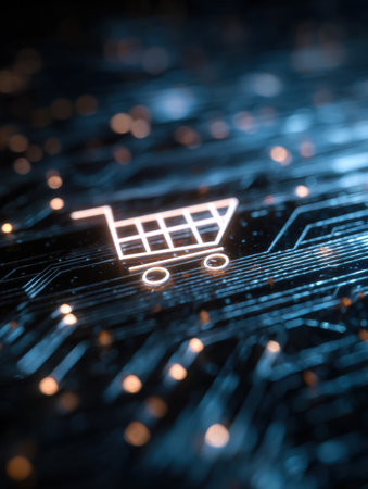 A shopping cart icon is displayed on a circuit board background covered in vibrant lights, representing the connection between technology and online shopping.の素材