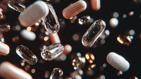 Colorful capsules float against a dark backdrop, showing a dynamic mix of shapes and reflections in a vibrant composition.の素材