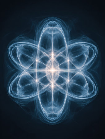 Intricate light patterns swirl to form a stunning, flower-like design against a deep black background, showing vibrant energy and harmony.の素材