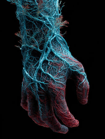 A hand is showcased with intricate blue and red vein-like patterns, creating a striking visual on a dark backdrop.の素材