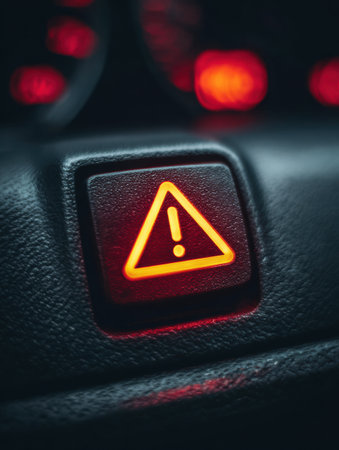 A warning light is glowing on the dashboard of a car, signaling the driver to check for any possible issues with the vehicle while driving.の素材