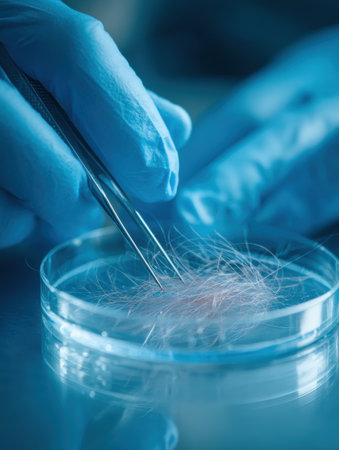 A scientist in blue gloves carefully examines a hair sample with tweezers in a laboratory setting.の素材