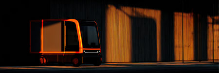 A bright orange delivery vehicle stands parked outside an industrial building, highlighted by warm sunset light casting long shadows, showcasing modern design.の素材