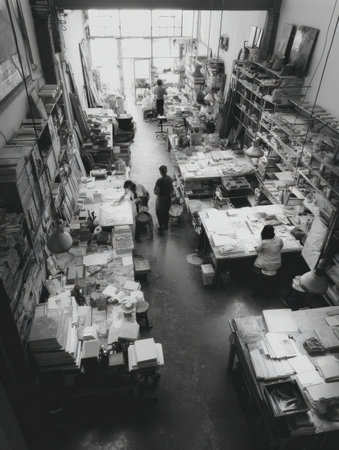 A lively studio features multiple artists engaged in their work amidst tables adorned with art supplies and materials, illuminated by natural light.の素材