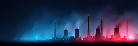 A power plant stands illuminated at night, with colorful lights highlighting the cooling towers. Smoke rises into the sky, creating a moody atmosphere.の素材