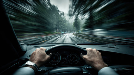 Hands grip the steering wheel tightly as the vehicle speeds along a wet, winding road, highlighting a sense of urgency in the stormy weather.の素材
