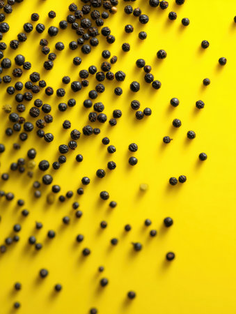 A collection of black peppercorns is artistically scattered across a vibrant yellow background, creating an appealing contrast in a culinary context.の素材