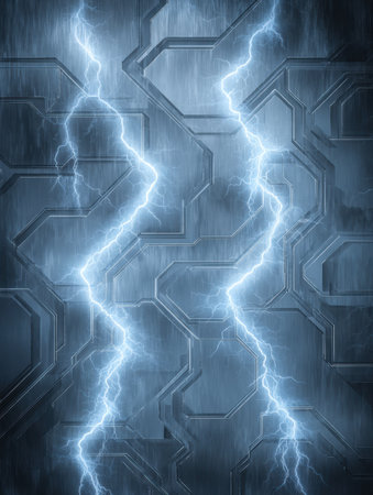 Lightning strikes traverse a metallic surface, producing a striking contrast against a dark background, evoking a sense of energy and power.の素材