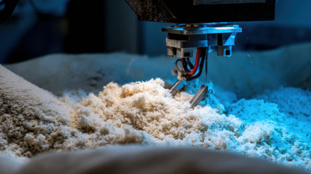 A machine expertly handles fine powder in a controlled environment, showing advanced technology at work during nighttime operations in a manufacturing site.の素材