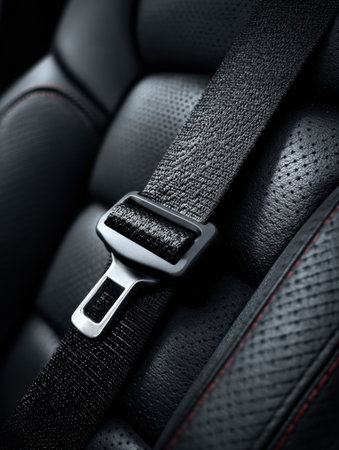 Detailed view of a black seatbelt buckle resting on textured leather upholstery, showcasing craftsmanship and design in a luxury car settingの素材