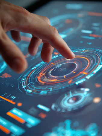 A hand reaches out to interact with a sleek digital interface filled with glowing graphics and complex data displays, highlighting modern technology.の素材