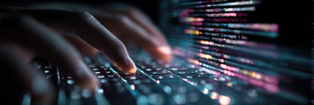 Fingers actively pressing keys on a keyboard while vivid lines of code flow across the display in a dimly lit setting, creating a tech-focused atmosphere.の素材