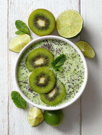 A fresh green smoothie bowl is placed on a white wooden surface, topped with sliced kiwi, mint leaves, and surrounded by lime wedges for a vibrant look.の素材