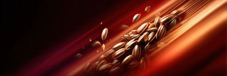 Various seeds are scattered against a striking backdrop with fluid lines and a rich color palette, creating a sense of motion and energy.の素材