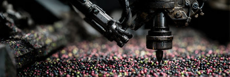 A robotic arm skillfully mills through a colorful array of beads on a workshop floor, showcasing advanced technology in action under bright lighting.の素材