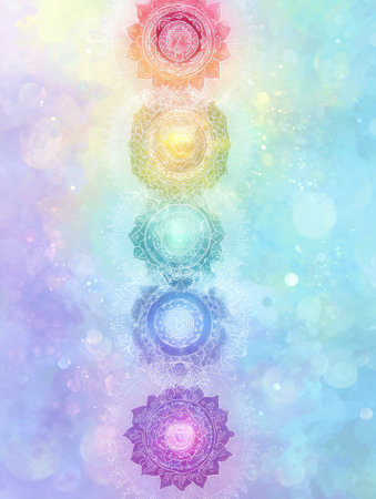 Chakra symbols are arranged vertically against a soft, pastel background, creating a sense of peace and balance, promoting energy flow and spiritual well-being.の素材