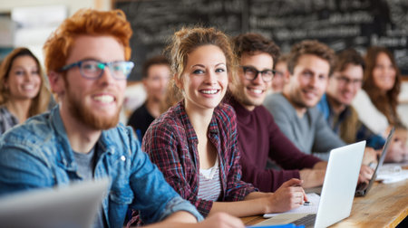Students are smiling and participating in a group activity, showing enthusiasm and engagement in a classroom filled with laughter and teamwork.の素材