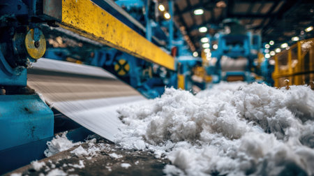 Cotton fibers are processed on machinery in a textile factory, highlighting the industrial setup and ongoing production activity during the day.の素材