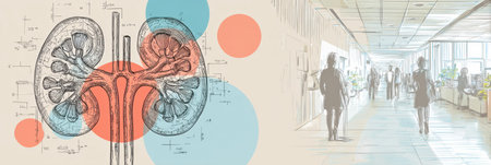 A detailed illustration of human kidneys is paired with a bustling hospital corridor where staff and patients move among plants and medical equipment.の素材