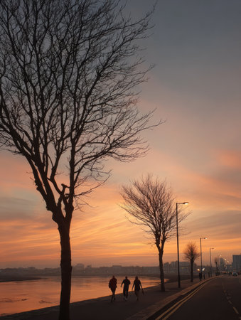 Silhouettes of pedestrians walk along a riverside path as a stunning sunset paints the sky in orange and pink hues with bare trees in the foreground.の素材