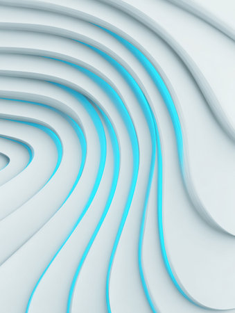 Softly illuminated curves and lines in blue and white create an abstract design that evokes a sense of movement and serenity, ideal for modern spaces.の素材