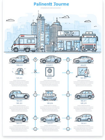 A vibrant depiction of different vehicles and a city backdrop. The scene features an ambulance, bus, and several cars alongside urban buildings.の素材