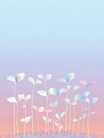 Delicate plants with pastel leaves rise against a gradient sky, capturing the essence of early morning light and the promise of growth.の素材