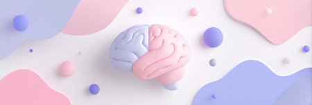 A creative depiction of a brain crafted from soft materials in pink and blue, surrounded by pastel shapes and spheres in a serene setting.の素材