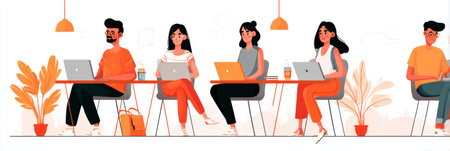 Individuals are focused on their tasks using laptops in a vibrant coworking area with plants and warm lighting, creating a collaborative atmosphere.の素材