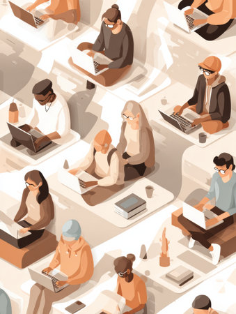 A lively scene featuring various focused people on their laptops in a contemporary office setting, illustrating collaboration and creativity.の素材