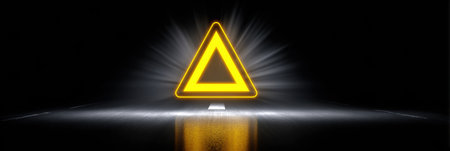 A glowing yellow triangular warning sign stands out against a dark background, drawing attention to the need for caution on the road at night.の素材