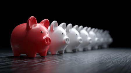 A single red piggy bank stands out among multiple white piggy banks, creating a visual emphasis on savings and financial goals, set on a smooth wooden surface.の素材