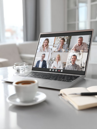 Colleagues connect through a video call on a laptop, sharing ideas and updates over coffee in a modern and well-lit workspace.の素材