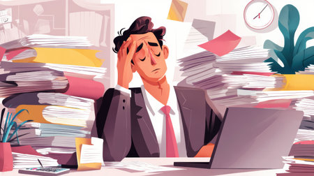 A young man in a suit looks overwhelmed as he sits at a cluttered desk filled with paperwork and a laptop, showing the stress of work demands.の素材