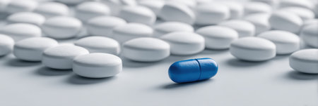 A blue capsule stands out among numerous white pills scattered on a light background, showing the diverse shapes and colors of medication.の素材