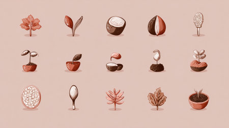 A detailed depiction of diverse plants, seeds, and leaves arranged in a visually appealing layout with earthy tones and subtle textures.の素材