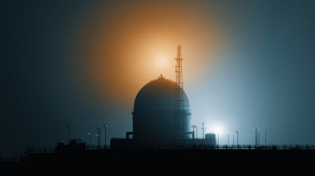 A domed structure stands silhouetted against a foggy night sky, with soft lights glowing from the top and sides, creating a mysterious atmosphere.の素材