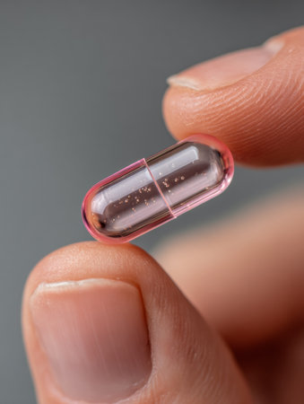 A hand showcases a pink capsule filled with a gray substance, highlighting the intricate details of the capsule in sharp focus against a neutral background.の素材