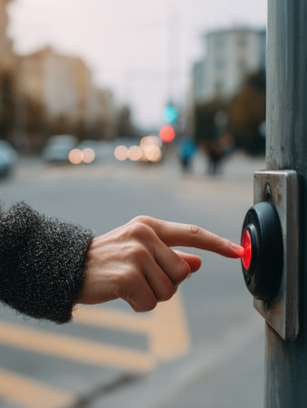 A hand reaches out to push the red pedestrian button at a crosswalk, signaling to stop vehicles for safe crossing in a bustling city during dusk.の素材