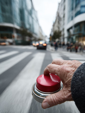 A hand reaches out to press a red button for the crosswalk signal at a bustling city intersection, surrounded by modern buildings and pedestrians.の素材