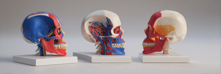 Detailed anatomical skull models in blue, red, and a combination of colors reveal the vascular and muscular systems for educational purposes and anatomy study.の素材