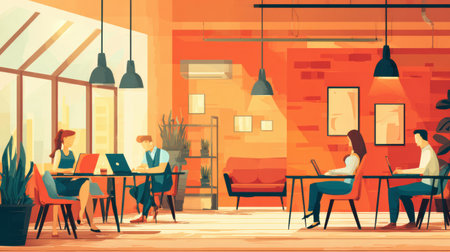 Interior of a vibrant coworking space featuring creative professionals working on laptops in a stylish, sunlight-filled environment.の素材
