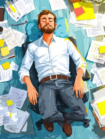 A man rests on the floor, surrounded by paperwork and notes, reflecting a chaotic office environment during a stressful workday.の素材