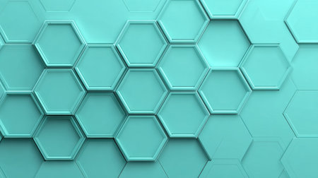 A teal surface features an intricate arrangement of hexagonal shapes, creating a three-dimensional effect with subtle shadows and reflections.の素材
